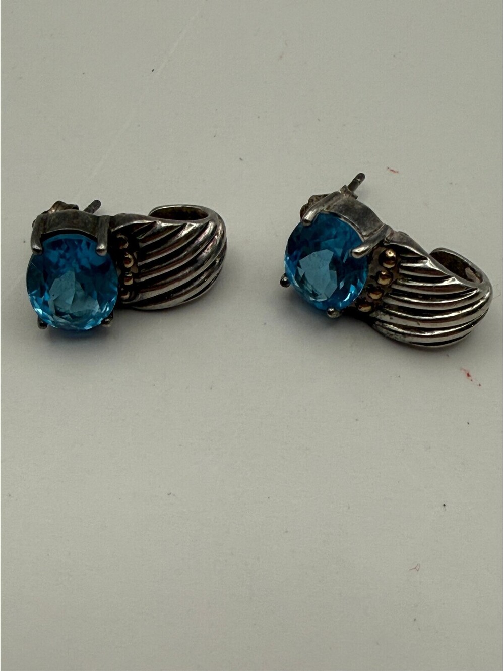 925 Sterling Silver 14K Gold Accent Aqua Topaz Hoop Earrings Signed Vintage